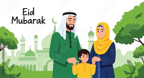 Joyful Muslim family in traditional modest outfits celebrating Eid al-Fitr together with mosque background, crescent moon, and festive lantern decorations in flat vector style