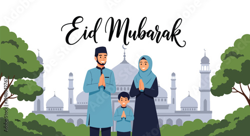 Joyful Muslim family in traditional modest outfits celebrating Eid al-Fitr together with mosque background, crescent moon, and festive lantern decorations in flat vector style