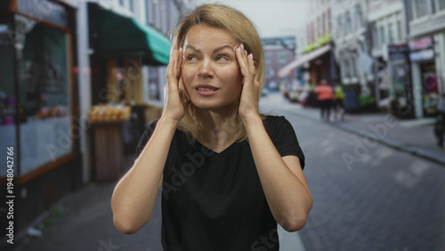 Free Download Young blonde woman pressing hands to forehead on busy city street with storefronts and pedestrians blurred behind her; stress. - GFXLoad