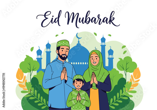 Joyful Muslim family in traditional modest outfits celebrating Eid al-Fitr together with mosque background, crescent moon, and festive lantern decorations in flat vector style
