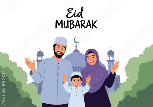 Joyful Muslim family in traditional modest outfits celebrating Eid al-Fitr together with mosque background, crescent moon, and festive lantern decorations in flat vector style