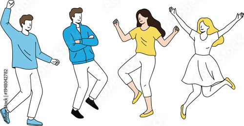 Group of happy people jumping and dancing together celebrating success and freedom with positive energy and cheerful emotions.