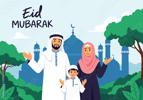 Joyful Muslim family in traditional modest outfits celebrating Eid al-Fitr together with mosque background, crescent moon, and festive lantern decorations in flat vector style
