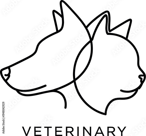 Minimalist continuous line art drawing featuring a dog and cat head profiles, ideal for a modern veterinary clinic or pet care brand logo design.