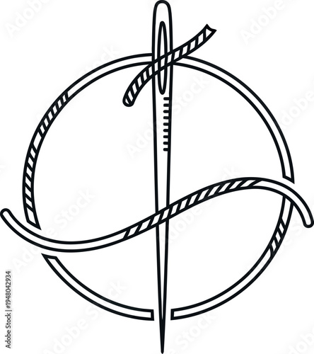 Minimalist line art logo design featuring a sewing needle piercing through a circular shape threaded with fine cordage or string.