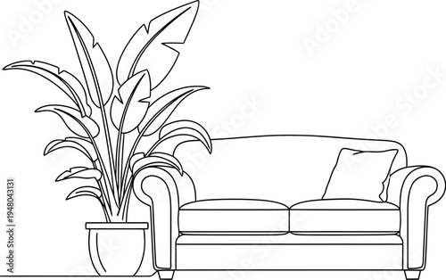Minimalist continuous line drawing illustrates a classic comfy sofa positioned next to a tall potted tropical houseplant accentuating interior design.