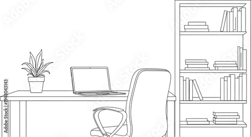 Line art illustration depicting a modern minimalist home office setup with a laptop, desk, chair, potted plant, and a bookshelf filled with many books.