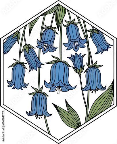 An elegant botanical illustration showcases delicate blue bellflowers and lush green foliage beautifully arranged within a minimalist hexagonal frame, perfect for decorative design elements.