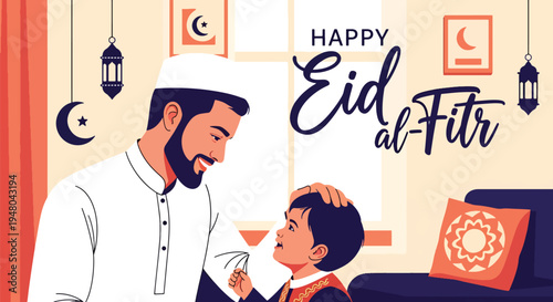 Muslim father giving respectful blessing to child during Eid greeting in decorated home with crescent and lantern ornaments in flat vector style