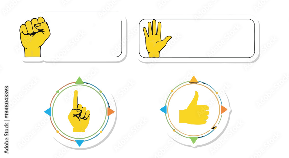 Fototapeta premium Yellow Hand Gesture Vector Icons Set with Thumbs Up, Fist, Pointing Finger and Blank Banners isolated PNG with Transparent Background