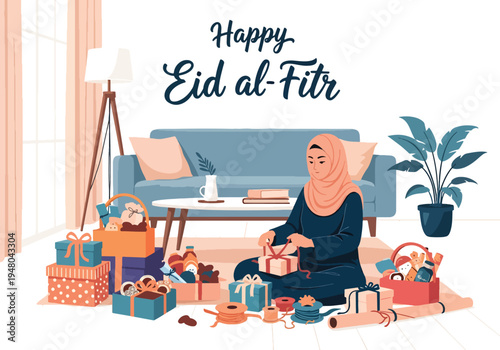 Muslim woman wrapping and arranging festive Eid gift hampers in decorated home interior illustrated in modern flat solid color vector style
