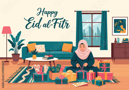 Muslim woman wrapping and arranging festive Eid gift hampers in decorated home interior illustrated in modern flat solid color vector style