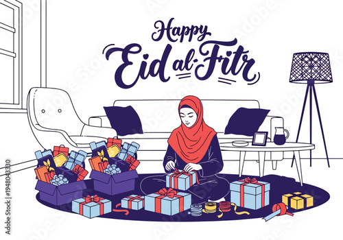 Muslim woman wrapping and arranging festive Eid gift hampers in decorated home interior illustrated in modern flat solid color vector style
