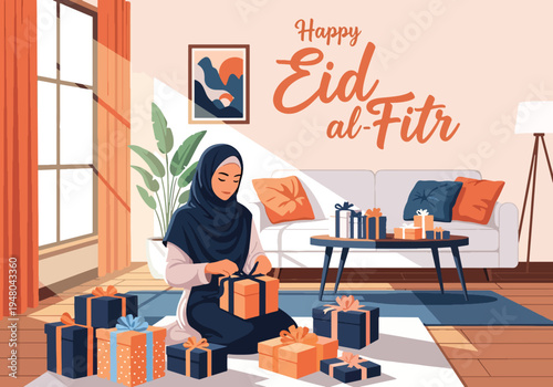 Muslim woman wrapping and arranging festive Eid gift hampers in decorated home interior illustrated in modern flat solid color vector style