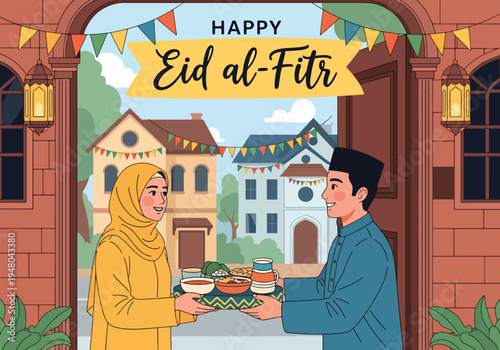 Friendly Muslim neighbors exchanging food trays and greetings during Eid visit at decorated doorway in modern flat solid color vector illustration style