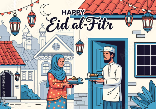 Friendly Muslim neighbors exchanging food trays and greetings during Eid visit at decorated doorway in modern flat solid color vector illustration style