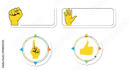 Yellow Hand Gesture Vector Icons Set with Thumbs Up, Fist, Pointing Finger and Blank Banners isolated PNG with Transparent Background