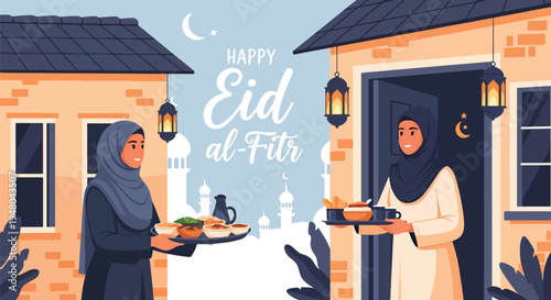 Friendly Muslim neighbors exchanging food trays and greetings during Eid visit at decorated doorway in modern flat solid color vector illustration style