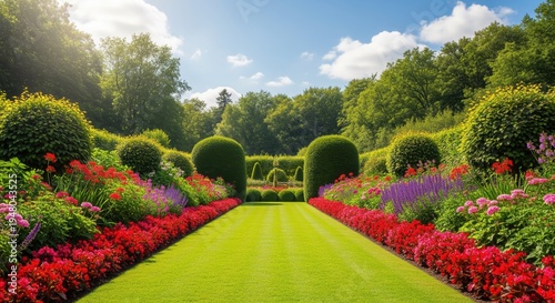 A formal garden pathway lined with vibrant red, pink, and purple flowers, bordered by neatly trimmed hedges creating geometric shapes. Lush trees frame the scene under bright blue skies.