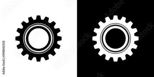 Black and white gear on split color background symbol