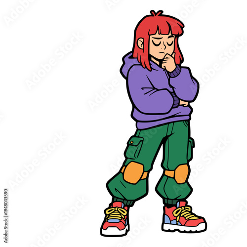 Gen Z Girl in Streetwear Standing in a Thinking Pose