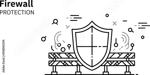 Abstract line art icon depicting a central shield symbol representing digital firewall protection standing firmly before barrier construction elements in cyberspace
