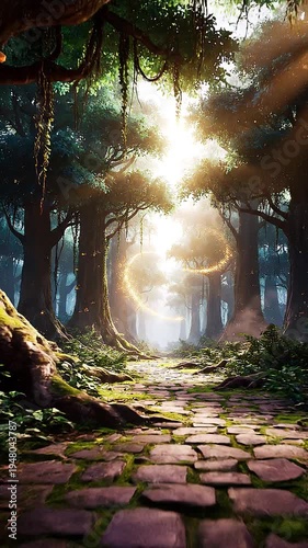 A serene forest path with sunlight filtering through trees