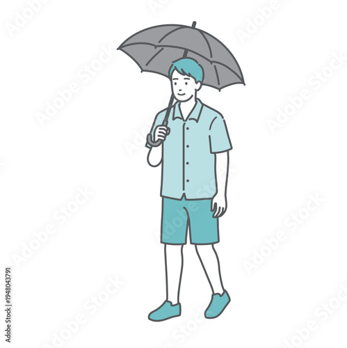 日傘をさして歩く男性のイラスト（日傘男子・熱中症対策）