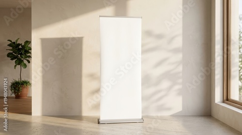 Blank roll up banner stand with warm natural shadows