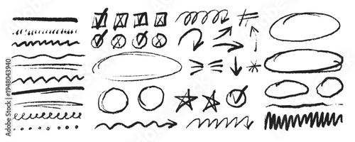 handdrawn doodle scribble symbol set, grunge crayon pencil mark collection, quirky sketch element vector illustration for poster, sticker, branding, packaging