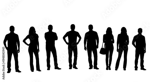 Diverse group of black human silhouettes standing in various poses, an isolated vector illustration representing community, teamwork, and population for design projects