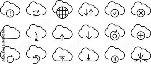 Minimal cloud line icons set, professional vector illustration of weather and cloud storage symbols,Sky and atmosphere collection icons, minimalist rain, sun, and cloud design elements
