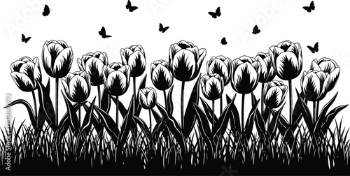 A beautiful field of tulip flowers vector illustration featuring blooming blossoms with green leaves and butterflies flying above a grassy meadow perfect for spring season garden