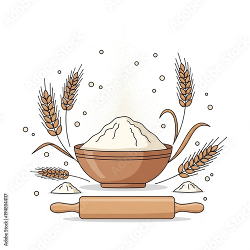 Rustic Flour Bowl with Wheat Stalks, Rolling Pin and Baking Elements Vector Illustration