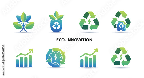 Set of Green and Blue Vector Icons for "ECO-INNOVATION" with Recycling, Plants, and Growth Charts isolated PNG with Transparent Background