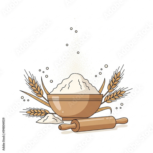 Rustic Flour Bowl with Wheat Stalks, Rolling Pin and Baking Elements Vector Illustration