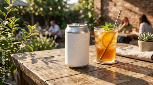 Aluminum drink can and iced beverage on wooden table