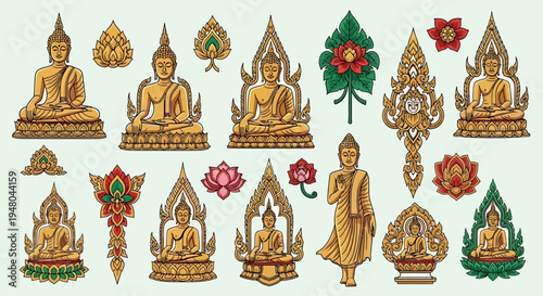 Collection of serene golden Buddha statues and sacred Buddhist symbols, showcasing traditional Asian spiritual art and cultural decorative elements for peace and enlightenment