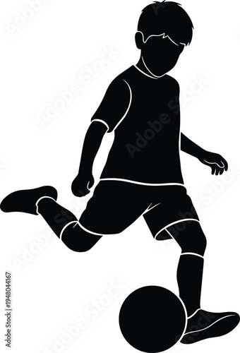 A professional vector silhouette of a young boy soccer player kicking a ball in a dynamic action pose perfect for youth sports competition and athletic training graphic design.