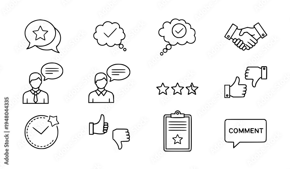 Fototapeta premium A set of line art icons representing communication, feedback, and evaluation