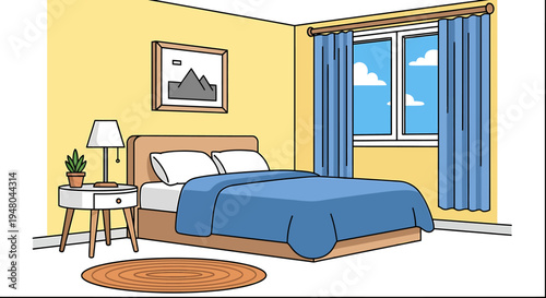 Bright vector illustration of a cozy bedroom. Features a comfortable bed, nightstand with lamp, and a window with blue curtains, depicting a peaceful interior scene