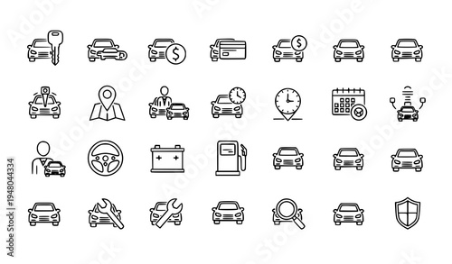 A set of black and white line art car service icons and symbols