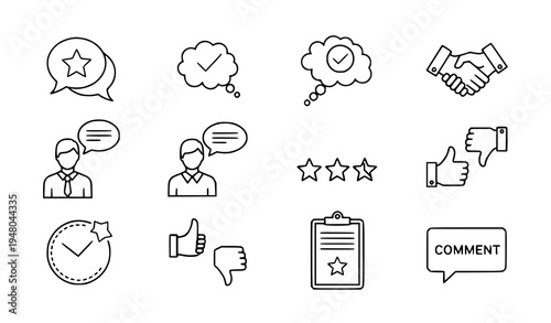 A set of line art icons representing communication, feedback, and evaluation