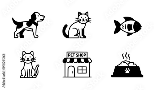 A set of black and white vector icons depicting various pet related symbols