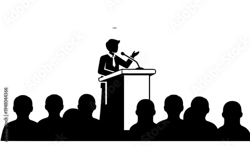 A minimalist vector illustration of a man giving a speech to an audience