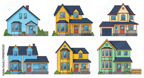 A charming collection of diverse residential houses, showcasing a variety of architectural styles and exterior designs for real estate and home inspiration