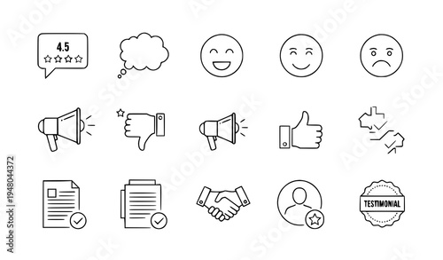 A set of flat line art icons representing customer feedback and testimonials