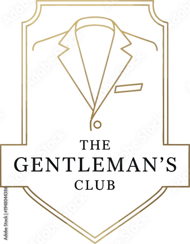 Elegant golden line art logo representing a sophisticated gentleman's club with a classic suit jacket icon inside a decorative shield emblem on a white background.