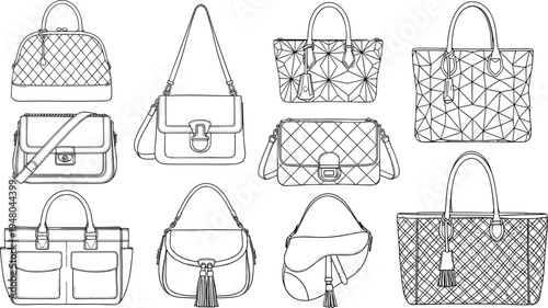 Fashion women handbag collection outline vector set luxury purses tote shoulder bags editable line illustration