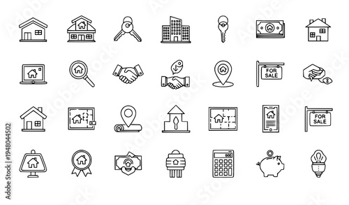 A collection of black and white line art icons related to real estate and property